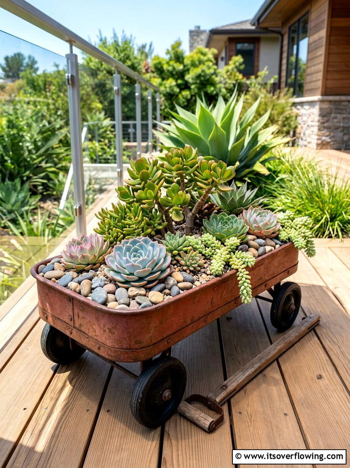 Succulent Display In Radio Flyer - 25 upcycled garden ideas with old wagons