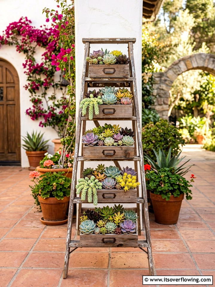 Succulent Display Rack - 25 upcycled garden ideas with old ladders