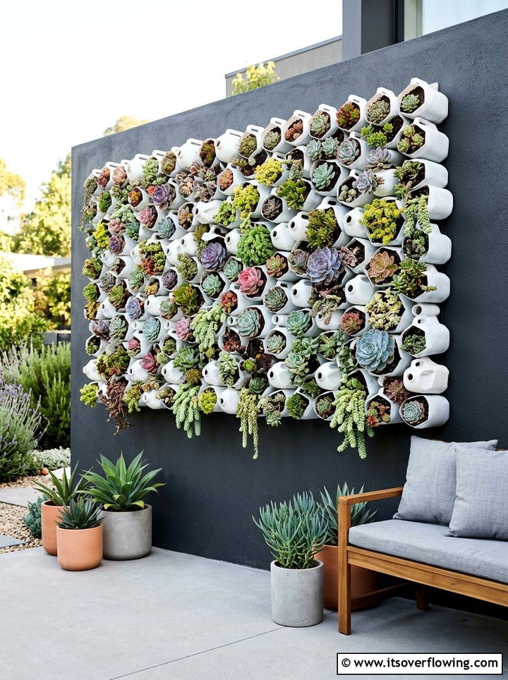 Succulent Display Wall - 25 recycled garden ideas with milk jugs