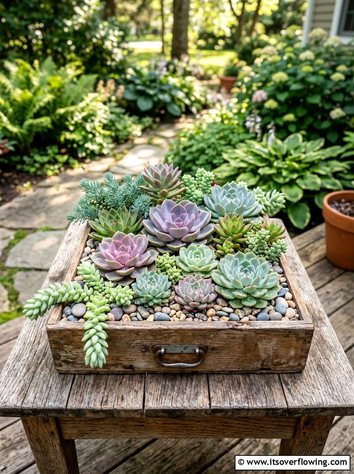 Succulent Drawer Display - 25 upcycled garden ideas with old drawers