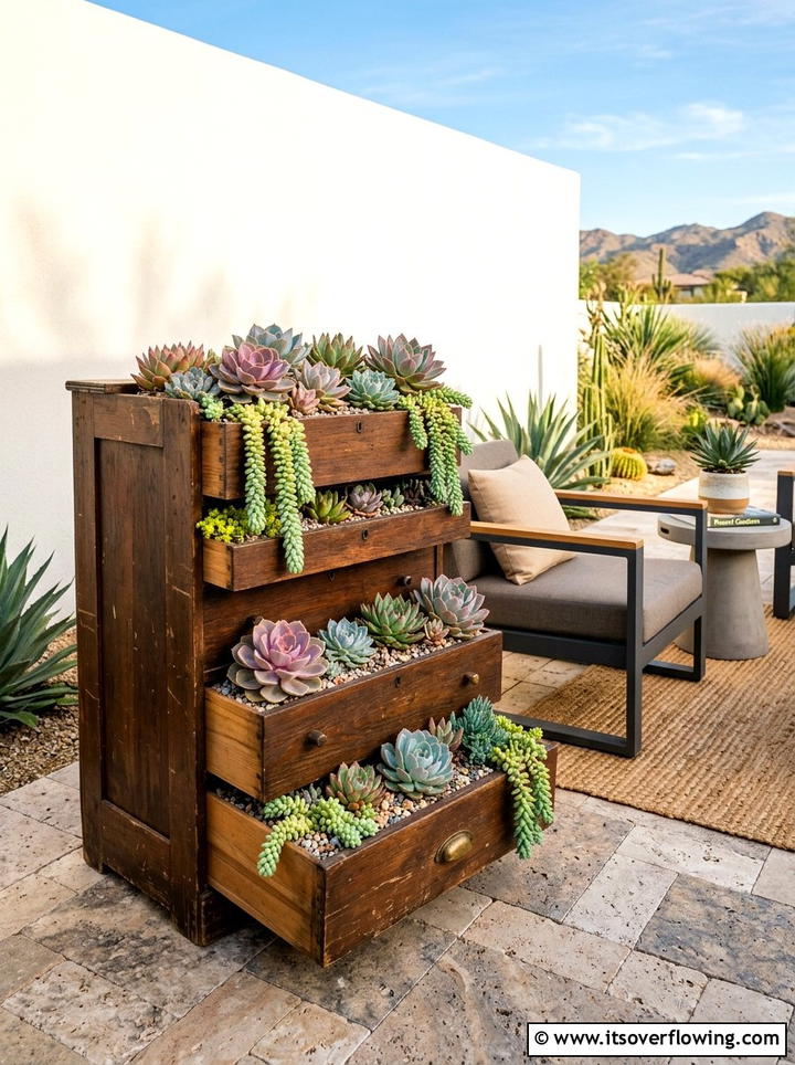 Succulent Drawer Planter - 25 recycled garden ideas with old drawers