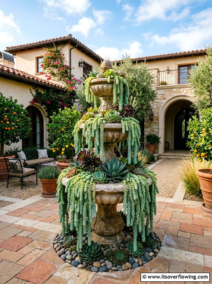Succulent Fountain Makeover - 25 garden decor ideas with succulent displays