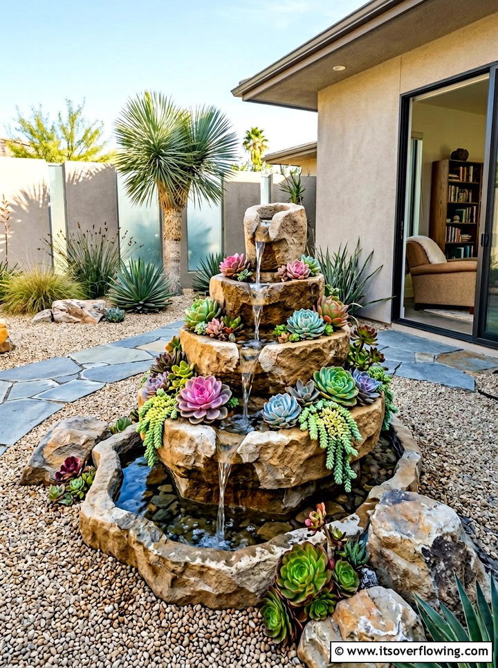 Succulent Garden Fountain Pot - 25 garden decor ideas with mini fountains