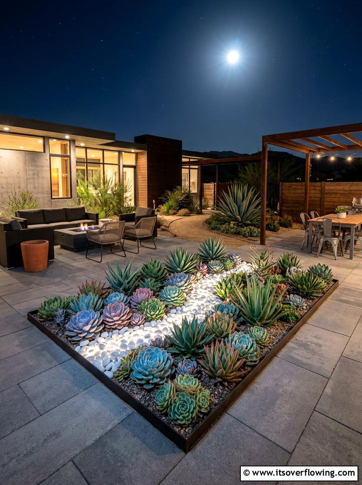 Succulent Garden Glowing Pebbles - 25 creative garden ideas with glow in the dark stones
