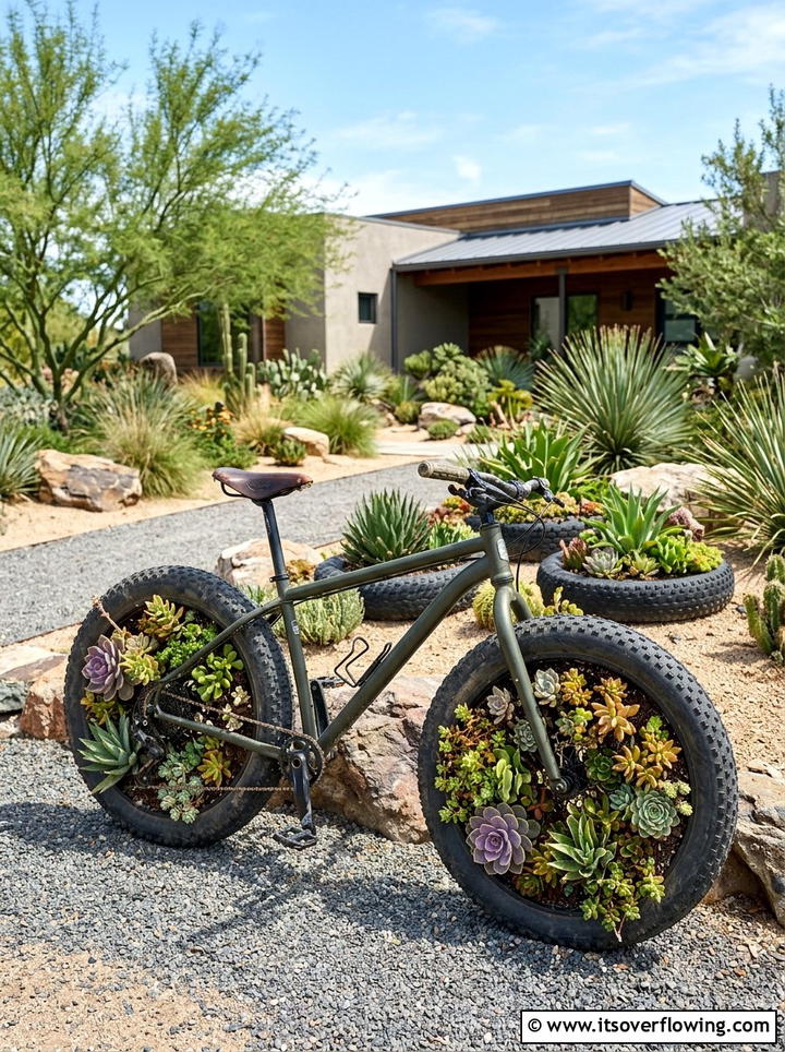 Succulent Garden In Bike Tires - 25 upcycled garden ideas with old bicycles