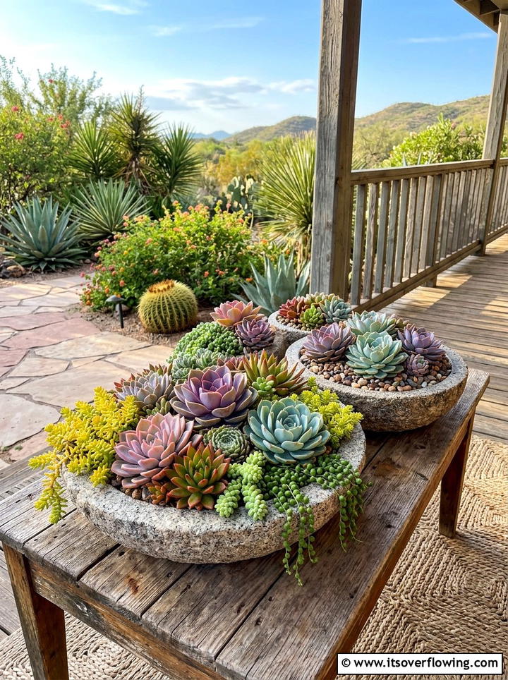 Succulent Garden In Stone Bowls - 25 front porch ideas with drought tolerant plants