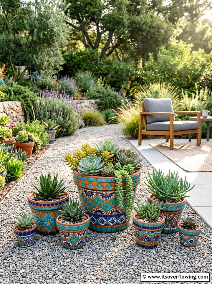 Succulent Garden Mosaic Pots - 25 creative garden ideas with mosaic planters
