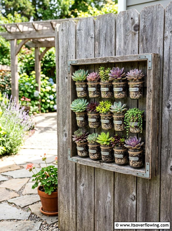Succulent Jar Garden Wall - 25 garden decor ideas with hanging jars