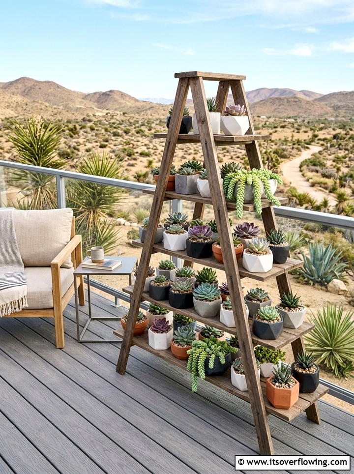 Succulent Ladder Display - 25 backyard ideas with old ladder planter