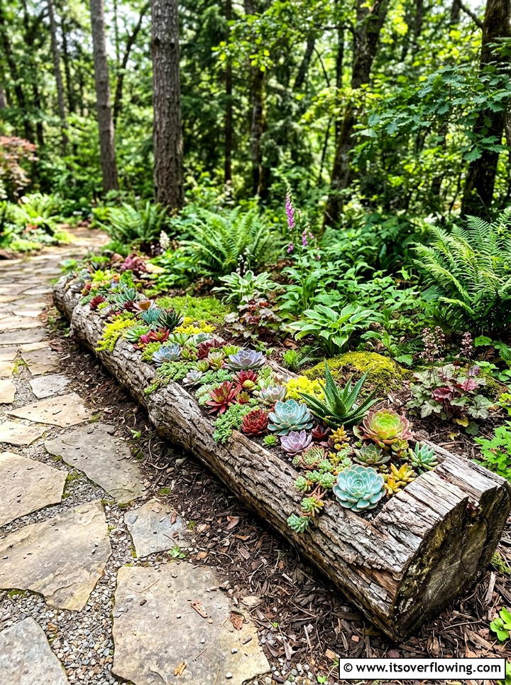 Succulent Log Planter - 25 garden decor ideas with succulent displays