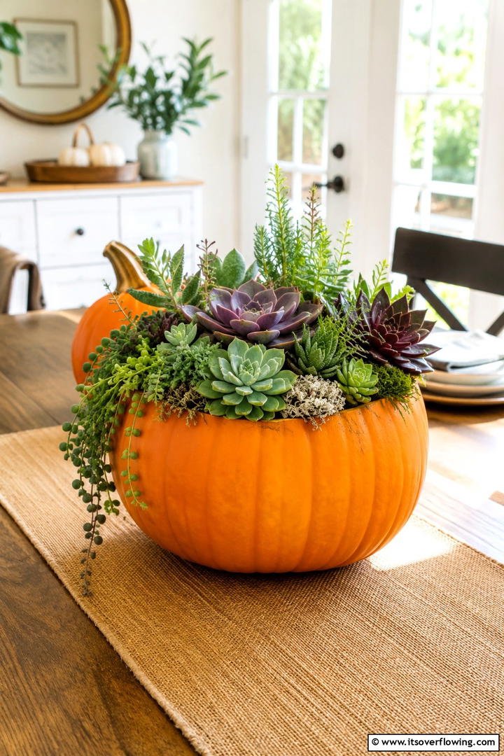 Succulent Planted Pumpkin Centerpiece - 50 Fall Pumpkin Decor Ideas for Cozy Autumn Homes Today
