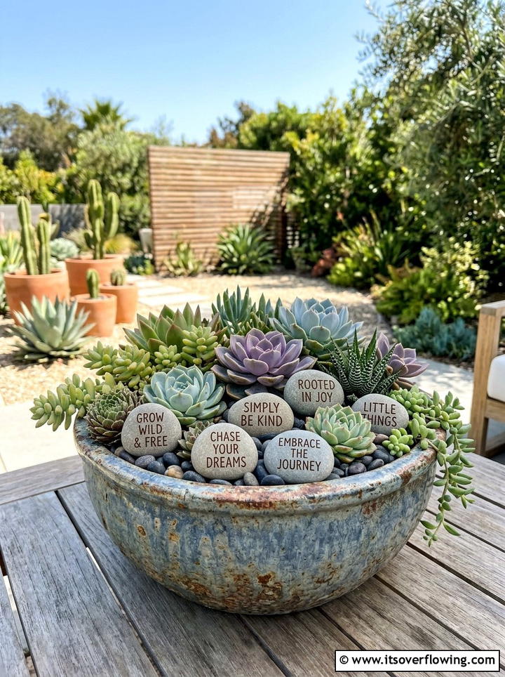 Succulent Planter Quote Rocks - 25 creative garden ideas with quote stones