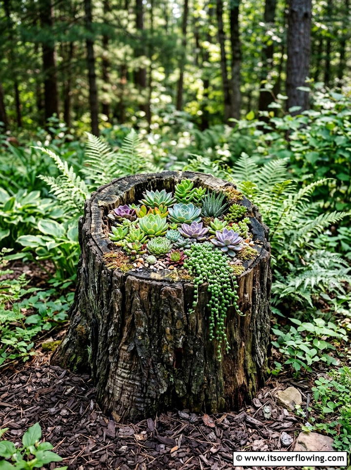 Succulent Tree Stump Planter - 25 garden decor ideas with succulent displays