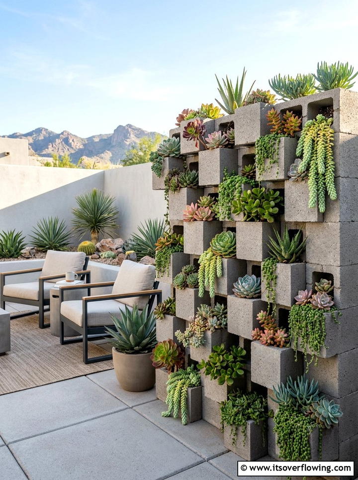 Succulent Wall Display For Patio - 25 cheap garden ideas with cinder blocks