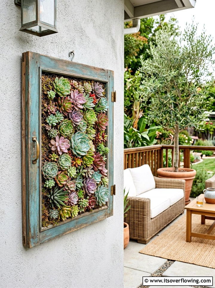 Succulent Wall Frame - 25 upcycled garden ideas with cabinet doors
