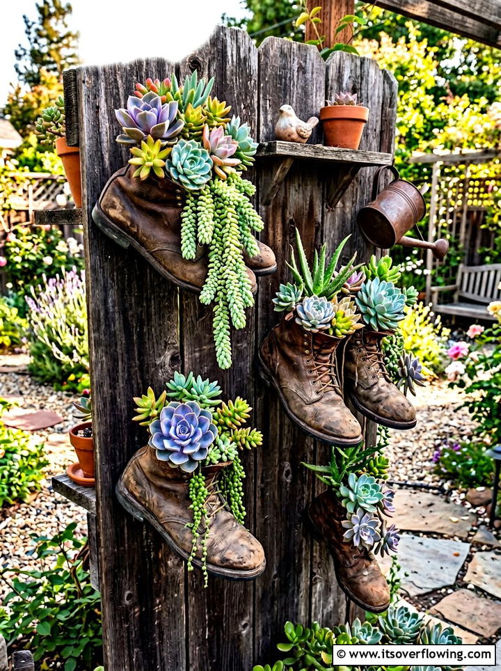 Succulent Wall Old Boots - 25 creative garden ideas with shoe planter wall
