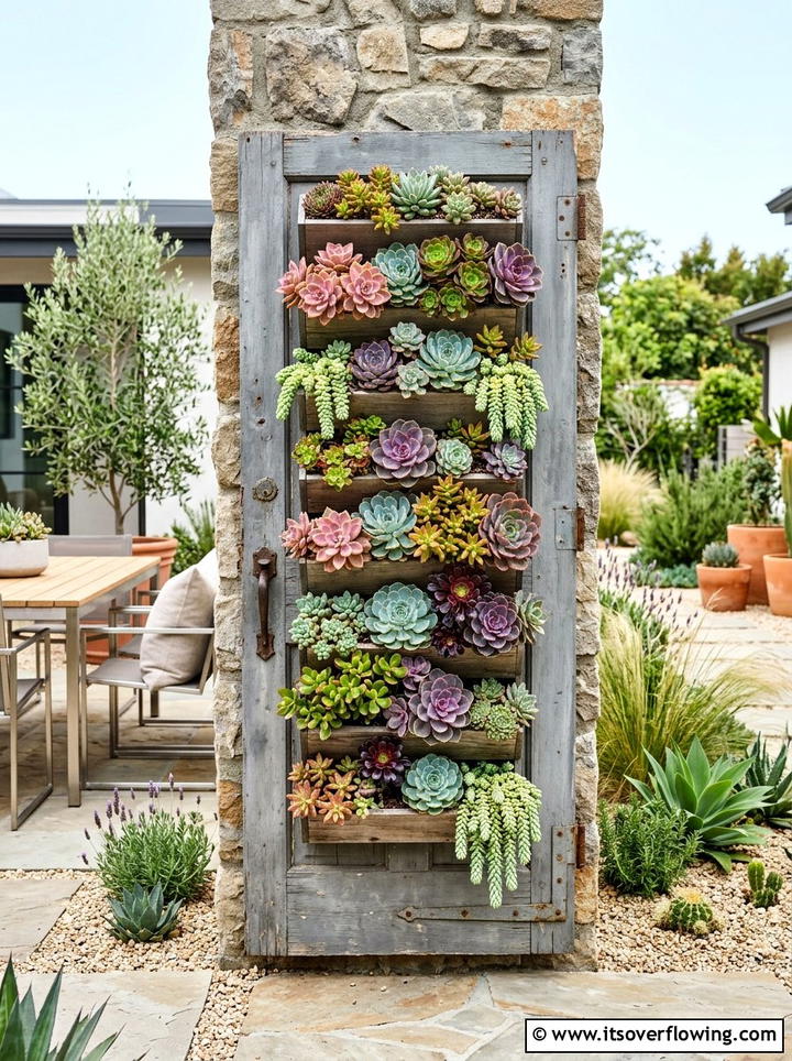 Succulent Wall On Vintage Door - 25 upcycled garden ideas with old doors