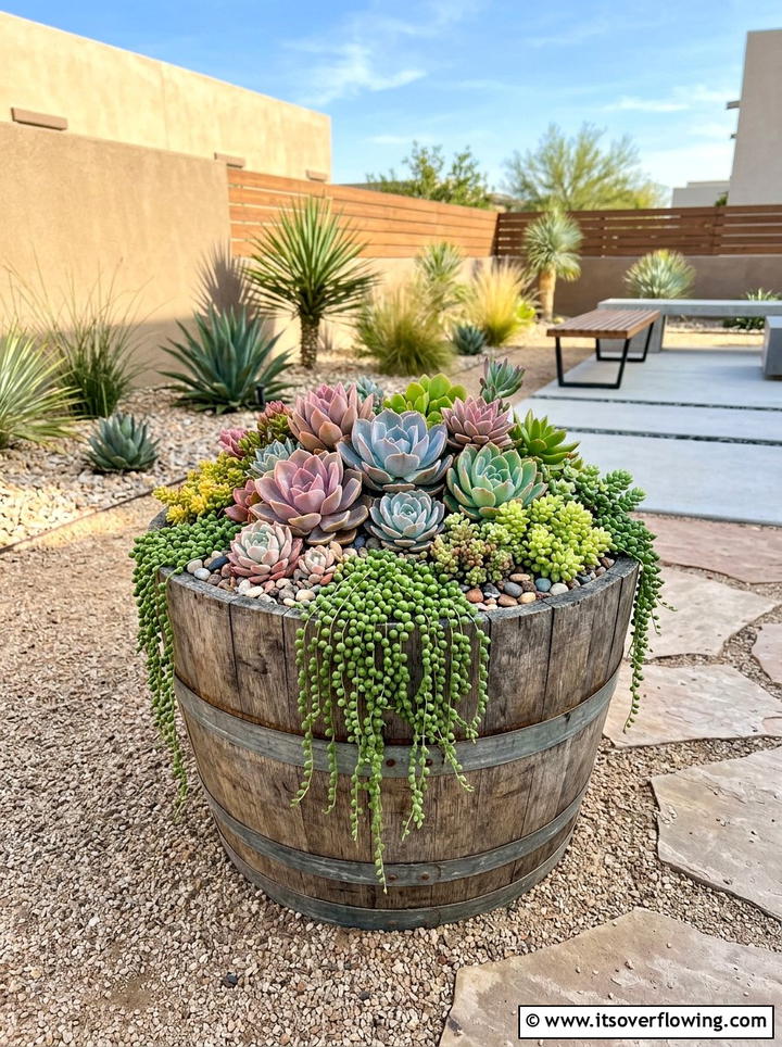 Succulent Whiskey Barrel Planter - 25 backyard ideas with barrel planter