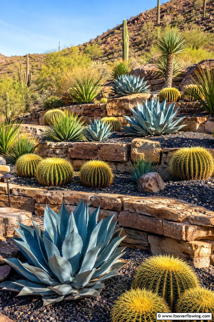 Succulent and Cacti Tiered Arrangement - 30 Tiered Garden Ideas for Sloped Yards and Visual Interest