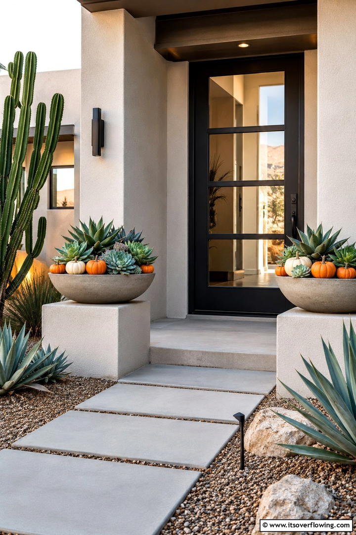 Succulent and Pumpkin Combination - 50 Fall Front Door Decor Ideas Roundup- Curb Appeal