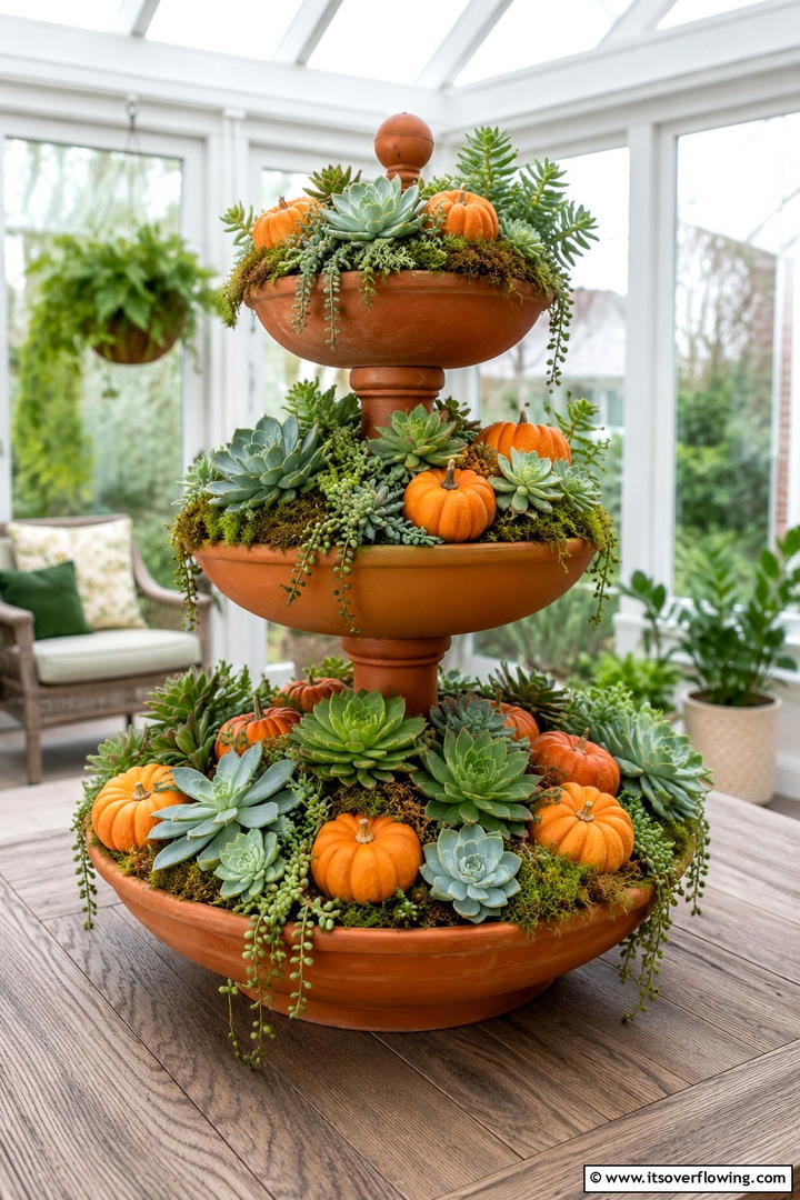 Succulent and Pumpkin Pairing - 50 Fall Tiered Tray Decor Ideas for Festive Shelves
