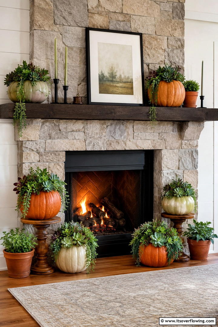 Succulent and Pumpkin Pairing - 50 Fall Fireplace Decor Ideas to Warm Autumn Gatherings