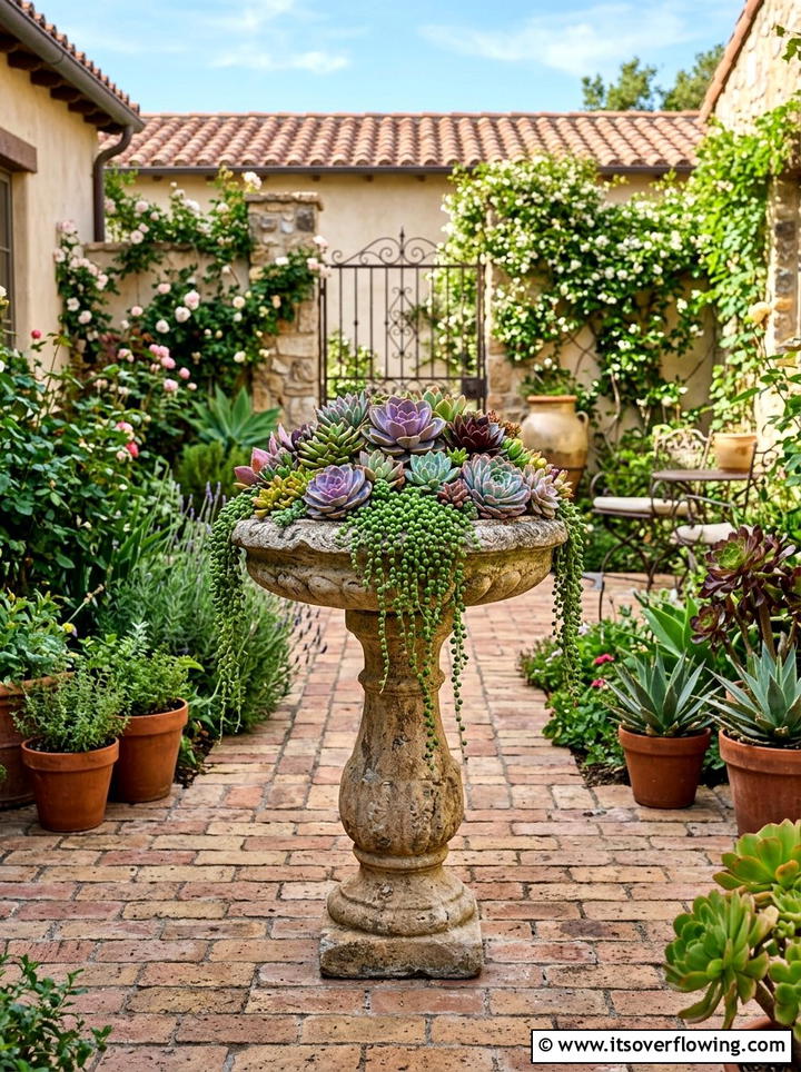 Succulent birdbath garden - 25 garden ideas with succulents