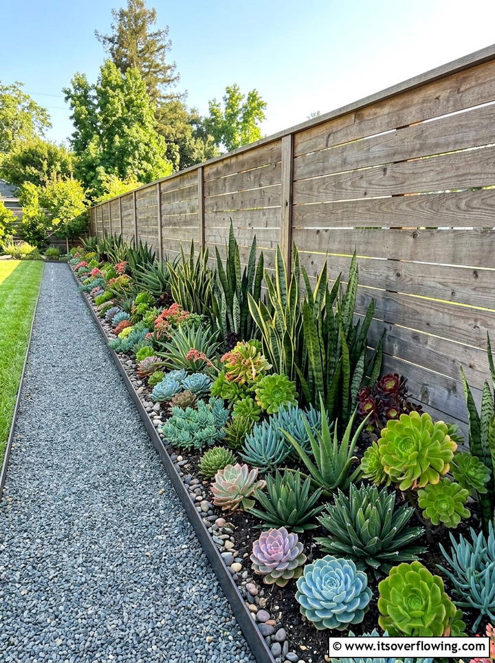 Succulent border along fence - 25 garden design ideas with succulent beds