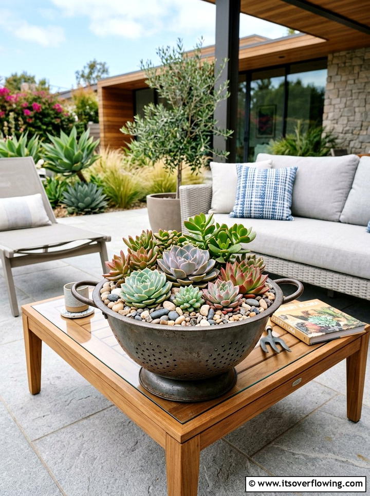 Succulent colander garden - 25 upcycled garden ideas with old colanders