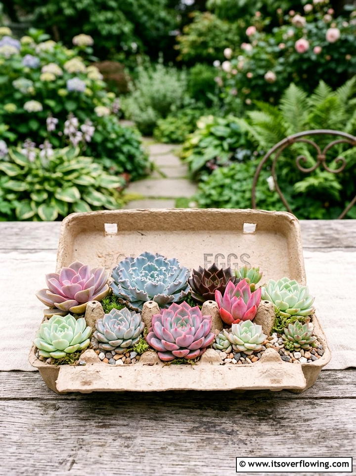 Succulent display - 25 recycled garden ideas with egg cartons