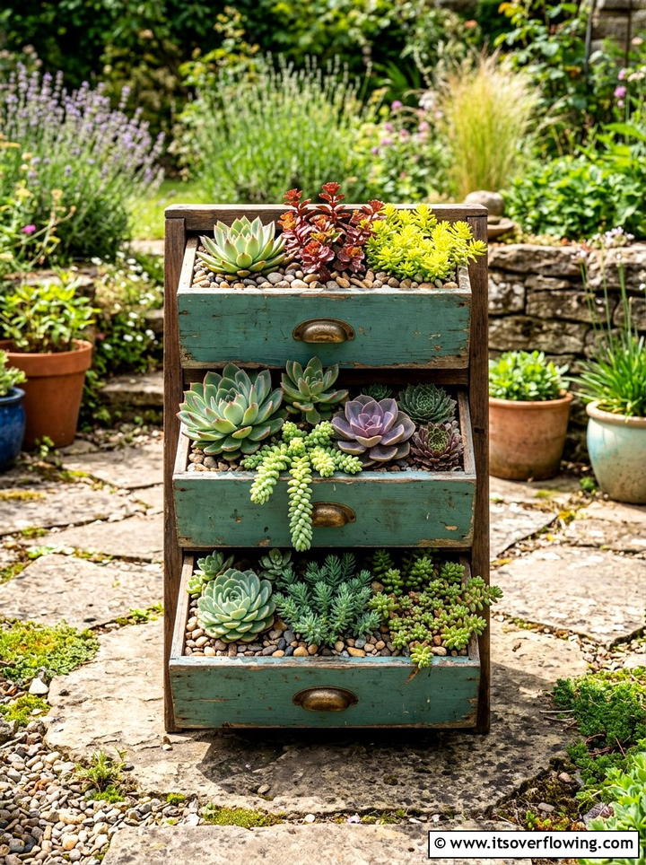 Succulent drawer planter - 25 upcycled garden ideas with old dressers