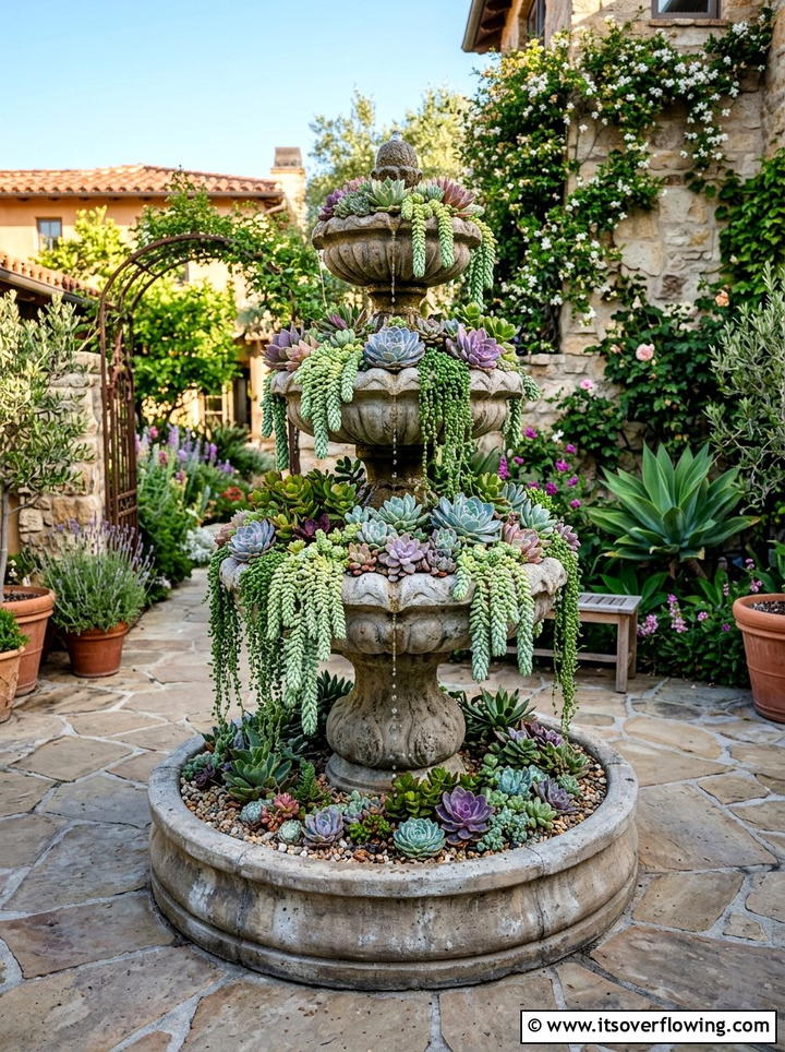 Succulent fountain display - 25 garden ideas with succulents