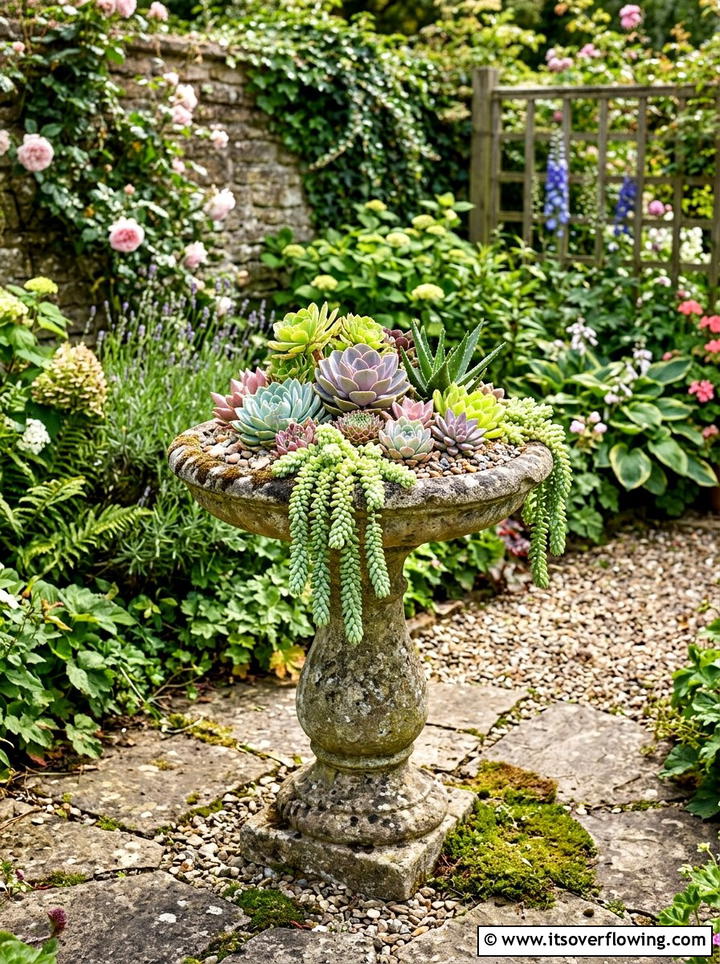 Succulent garden in a birdbath - 25 small garden ideas with succulents