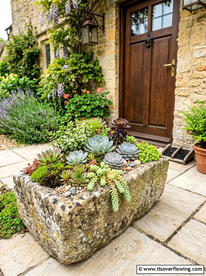 Succulent garden in a stone trough - 25 small garden ideas with succulents