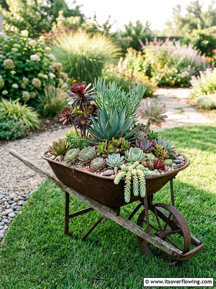 Succulent garden in a wheelbarrow - 25 small garden ideas with succulents