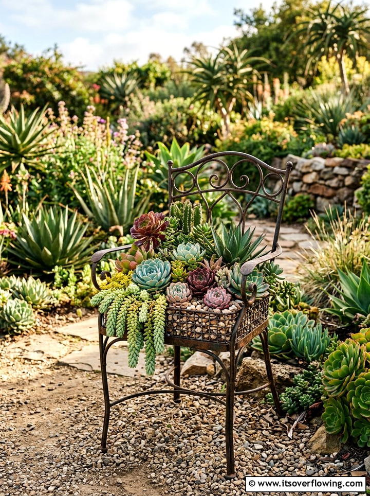 Succulent garden in an old chair - 25 small garden ideas with succulents