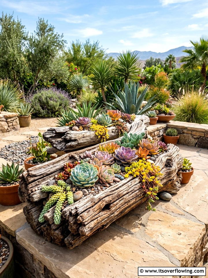 Succulent garden in weathered wood - 25 garden ideas with driftwood sculptures