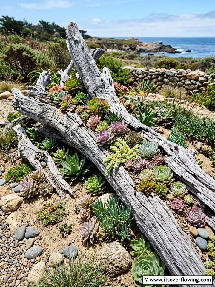 Succulent garden with driftwood - 25 garden design ideas with succulent beds