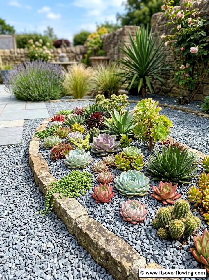 Succulent garden with gravel mulch - 25 small garden ideas with succulents