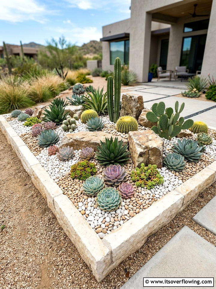 Succulent garden with pebbles - 25 garden decor ideas with pebble accents