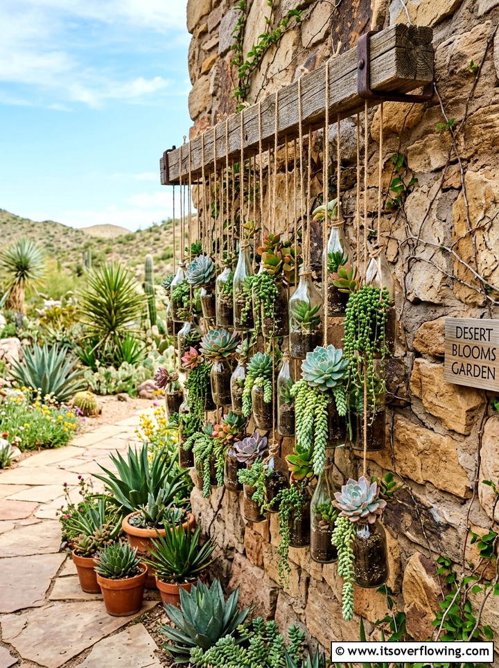 Succulent hanging bottle display - 25 creative garden ideas with hanging bottle planters
