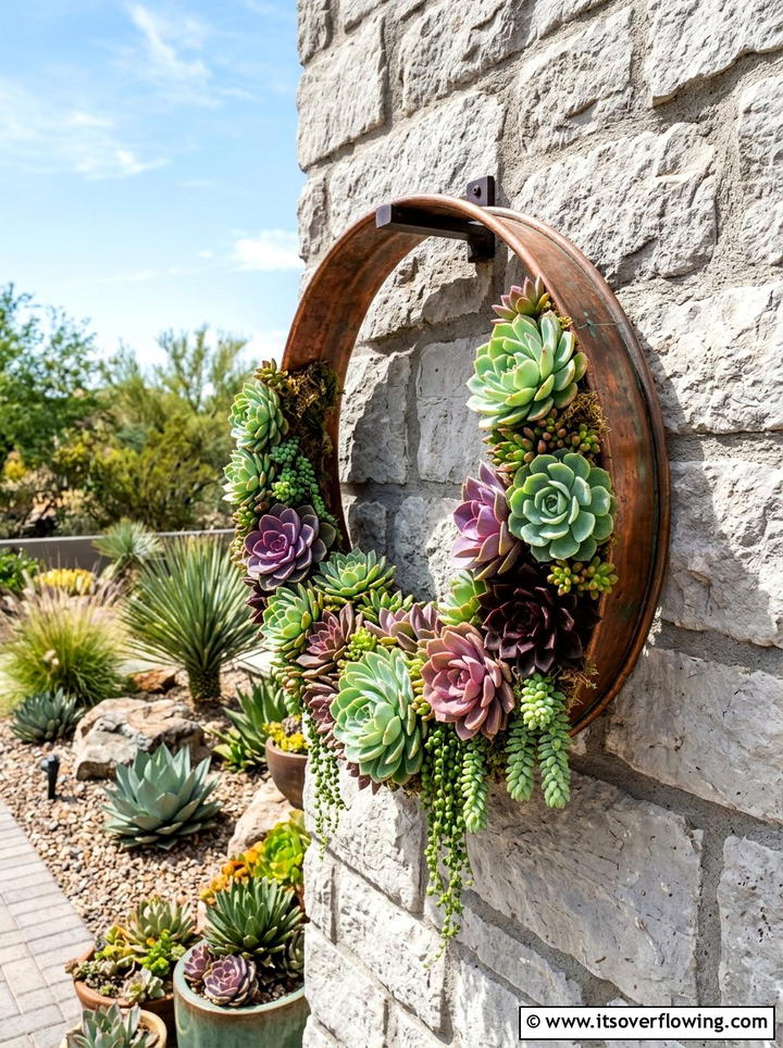 Succulent metal floral hoop - 25 garden decor ideas with floral hoops