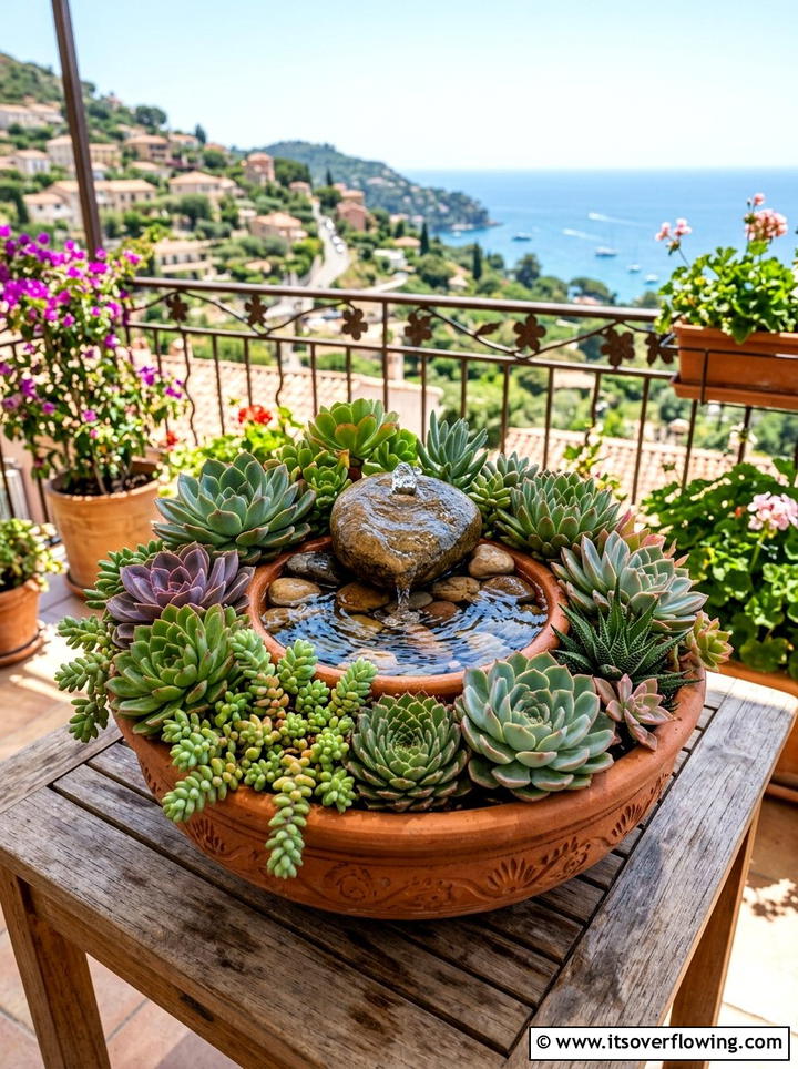 Succulent planter fountain - 25 garden decor ideas with tabletop fountains