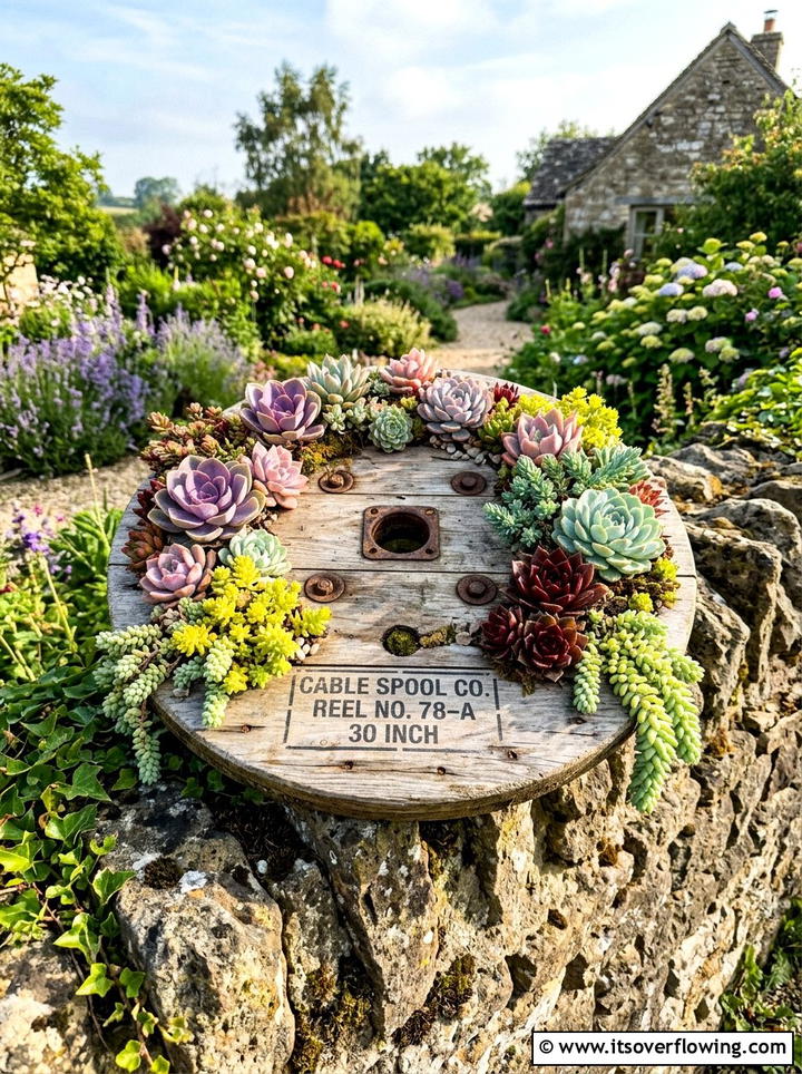 Succulent planter tray - 25 recycled garden ideas with cable spools