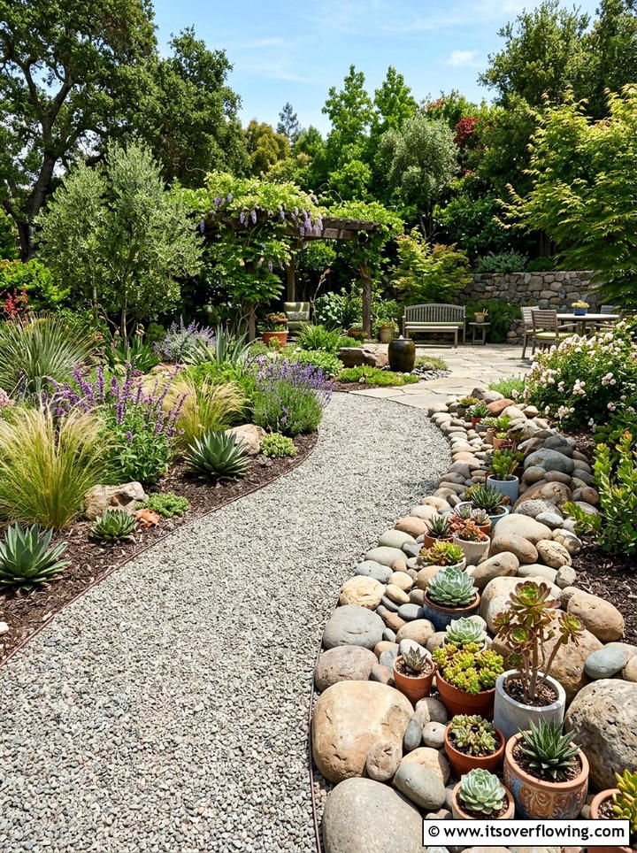 Succulent rock path border - 25 backyard decorating ideas with succulent pots