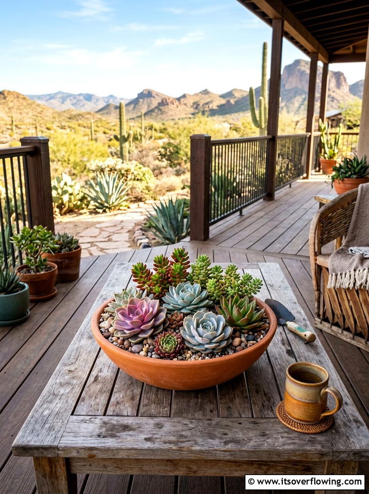 Succulent terracotta bowl - 25 front porch ideas with terracotta pots