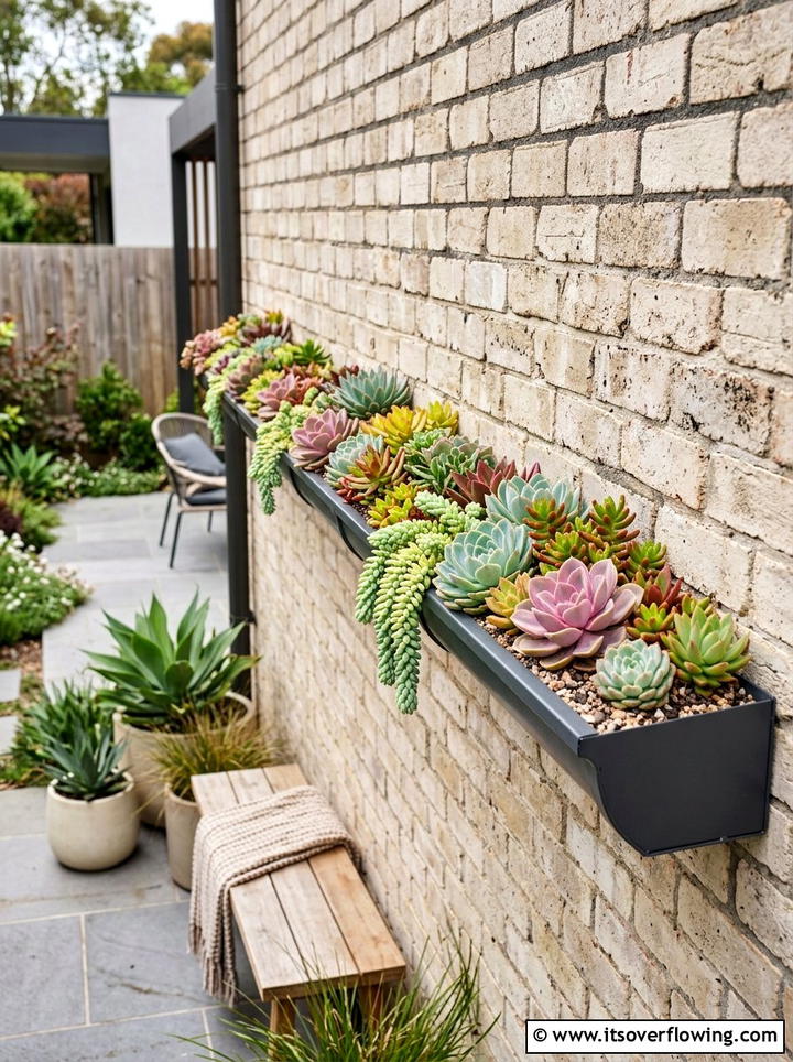 Succulent wall gutter - 25 garden ideas with rain gutters