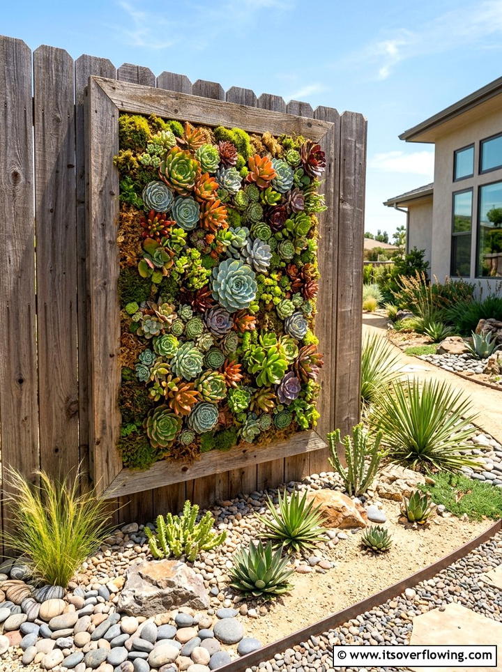 Succulent wall on fence - 25 backyard decorating ideas with fence decor