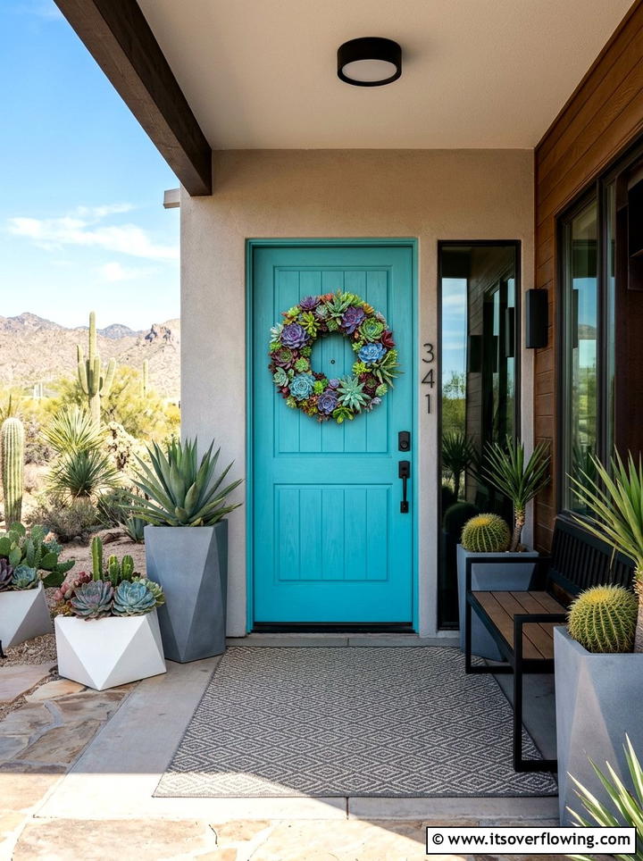 Succulent wreath modern porch - 25 front porch decor ideas with wreaths