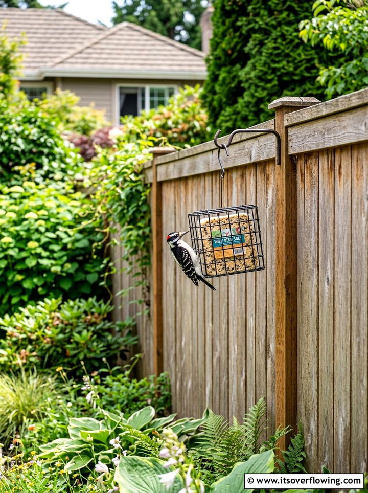 Suet feeder on backyard fence - 25 garden ideas with bird feeders